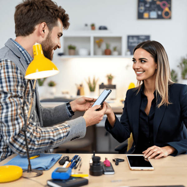 Técnico realizando troca rápida de aparelho quebrado para alugar celular com linha telefônica