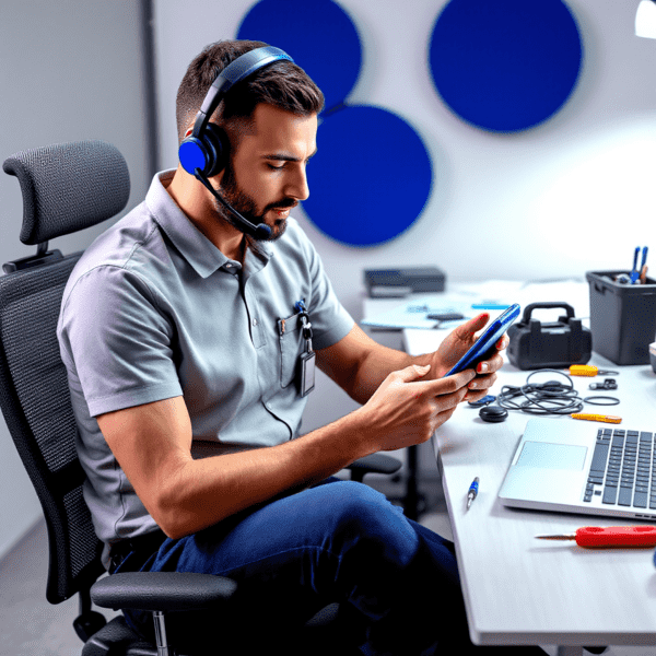 Equipe de suporte técnico prestando assistência a aparelhos corporativos de aluguel de celular com linha