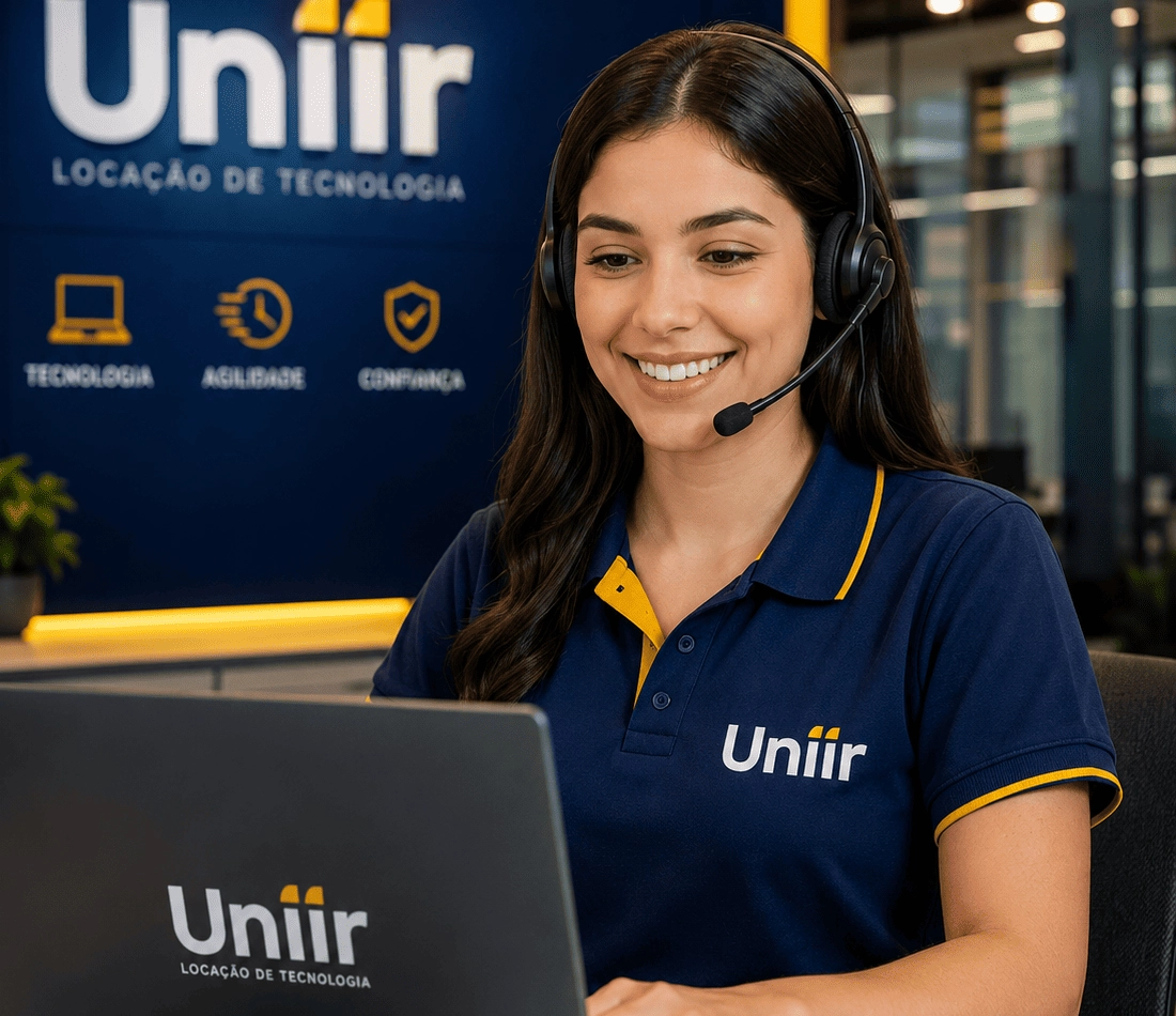 Atendente da Uniir prestando suporte corporativo mostrando como alugar celular empresarial