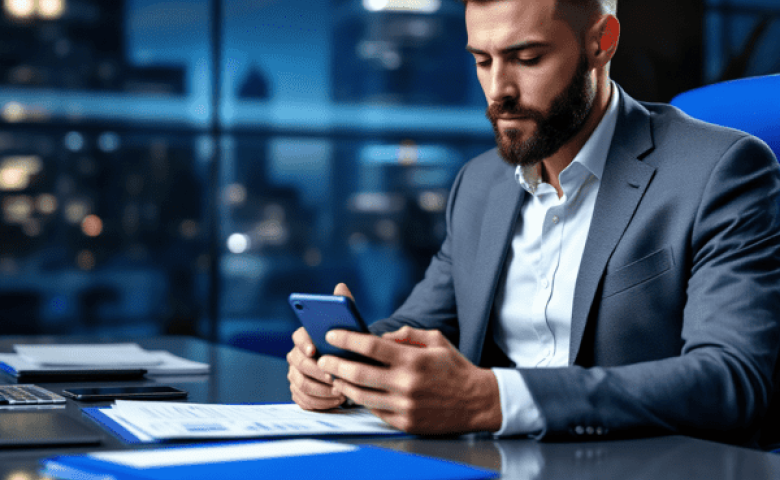 alugar celular com linha telef&ocirc;nica - Empres&aacute;rio revisando relat&oacute;rios fiscais com celular corporativo alugado